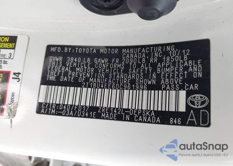 2013 Toyota Corolla S from USA, damaged, VIN 2T1BU4EE6DC961996